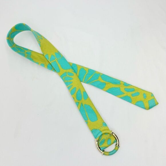 J. Crew Teal Lime Linen Abstract Print Gold Tone Buckle  Adjustable Fabric Belt - Picture 6 of 12